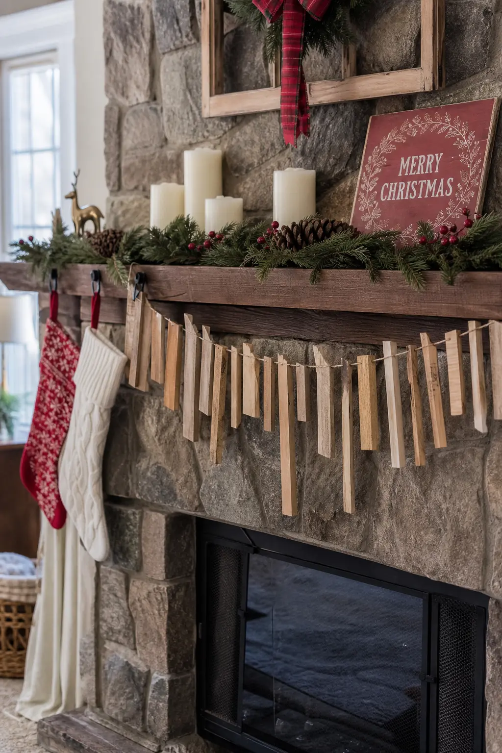Scrap Wood Mantel Garland of Graduated Unsanded Offcuts