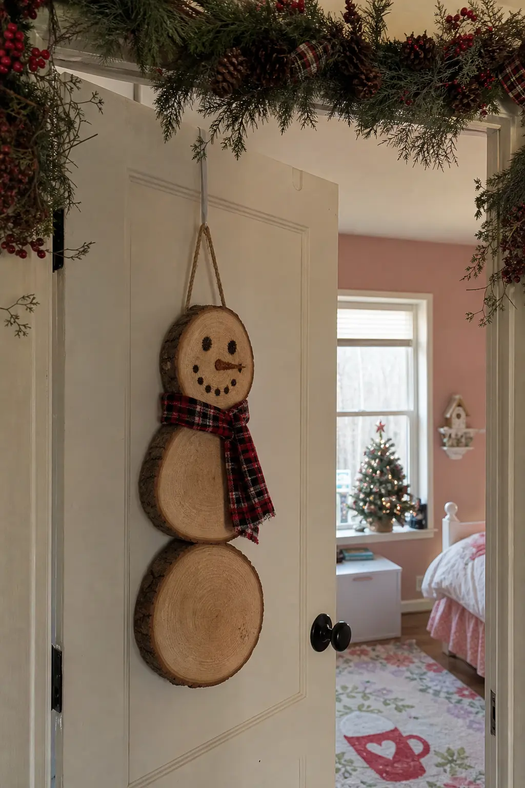 Wood Slice Snowman With a Burned Face