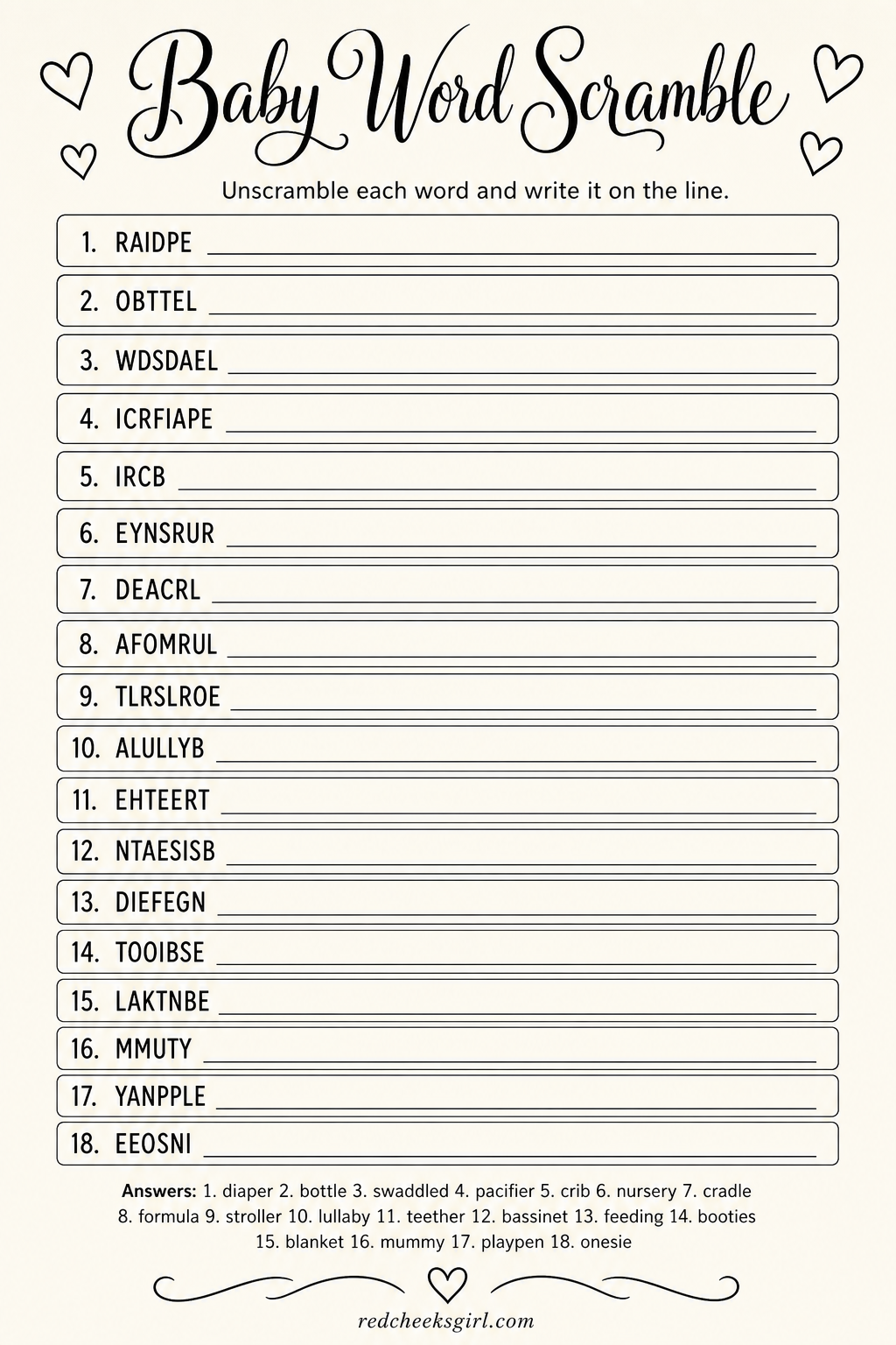 Baby Word Scramble printable