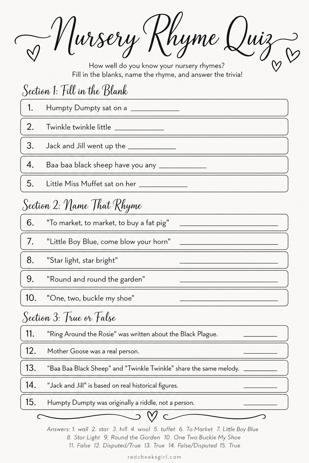 Nursery Rhyme Quiz printable