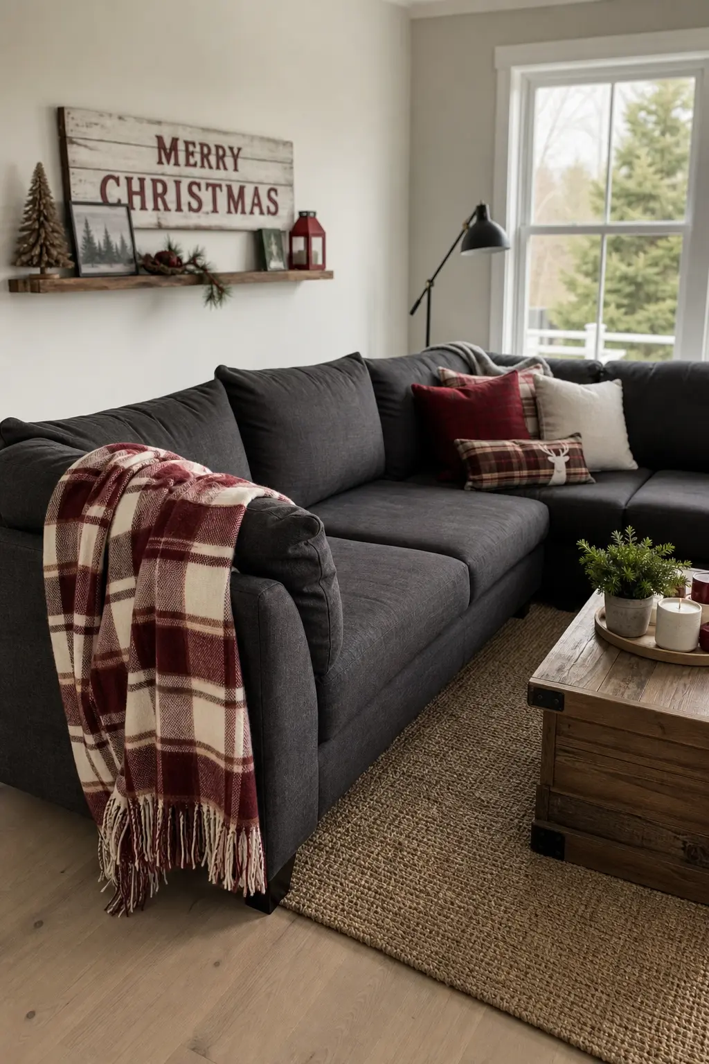 A Checked Blanket Over a Grey Sofa