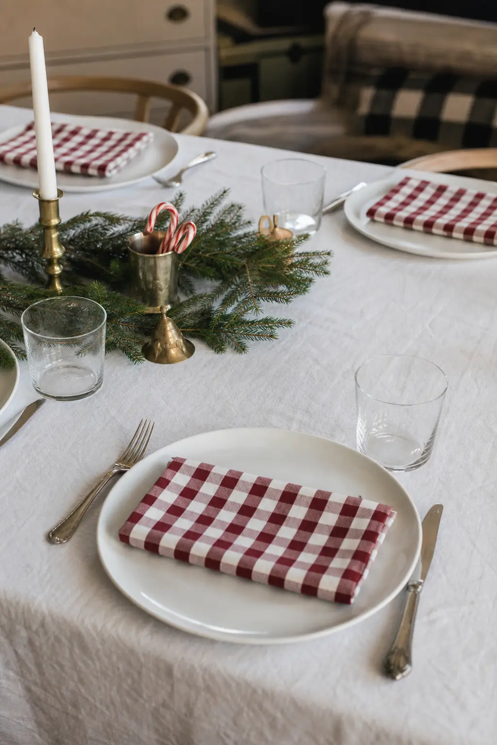 Checked Napkins on White Plates