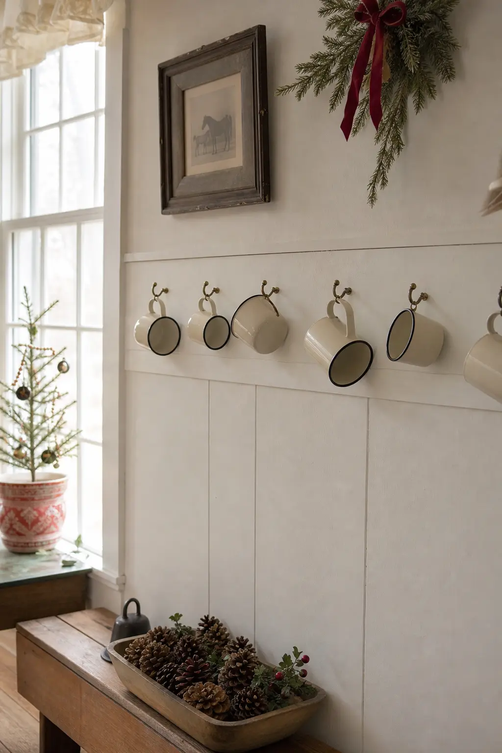 Enamel Mugs Hung on Hooks
