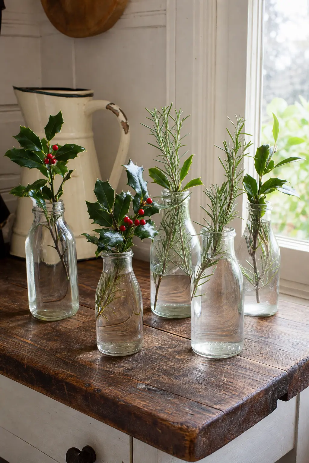 A Jug of Milk Bottles with Sprigs