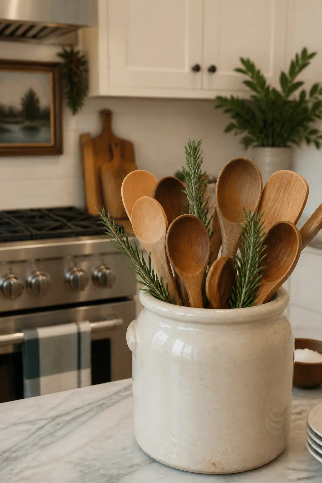 A Plain Wooden Spoon Jar with Sprigs