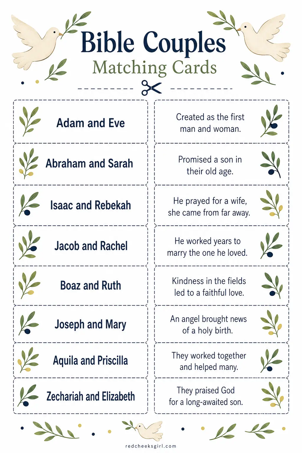 Bible Couples Matching Cards printable sheet — Cut the sheet into two sets of cards, one with Bible couple names and one with a short identifying clue for