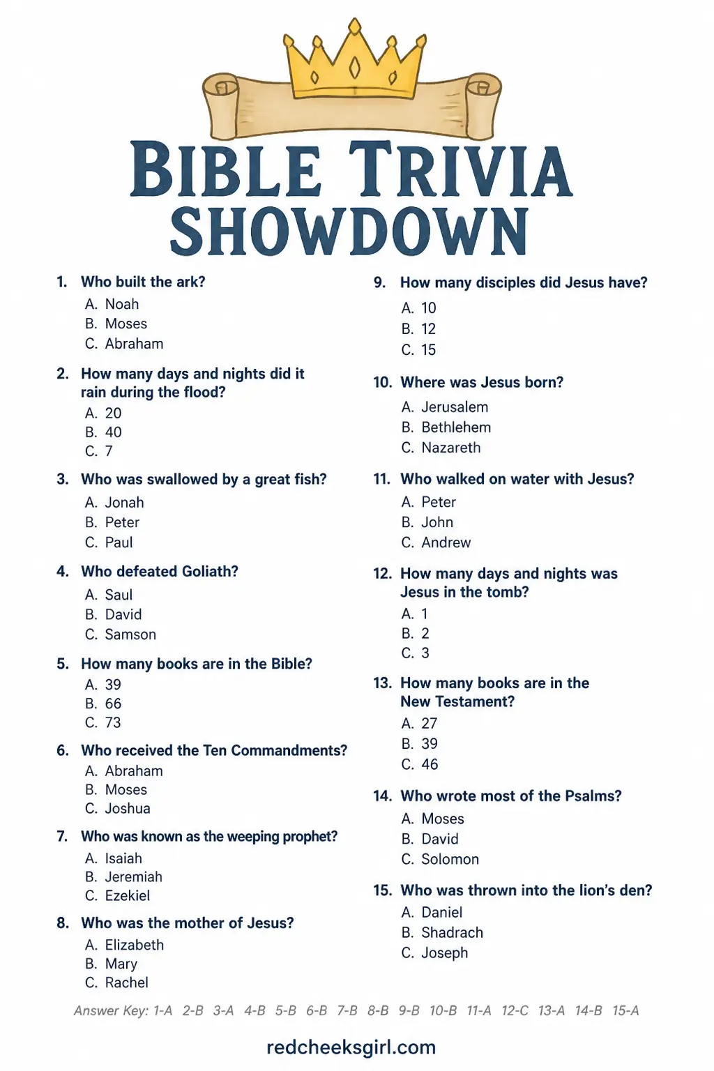 Bible Trivia Showdown printable sheet — Split into teams of couples and take turns answering multiple choice Bible trivia questions read aloud by the host.
