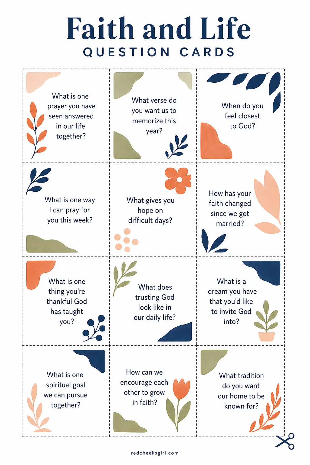 Faith and Life Question Cards printable sheet — Cut the sheet into individual cards, shuffle them, and take turns drawing one each. Couples games