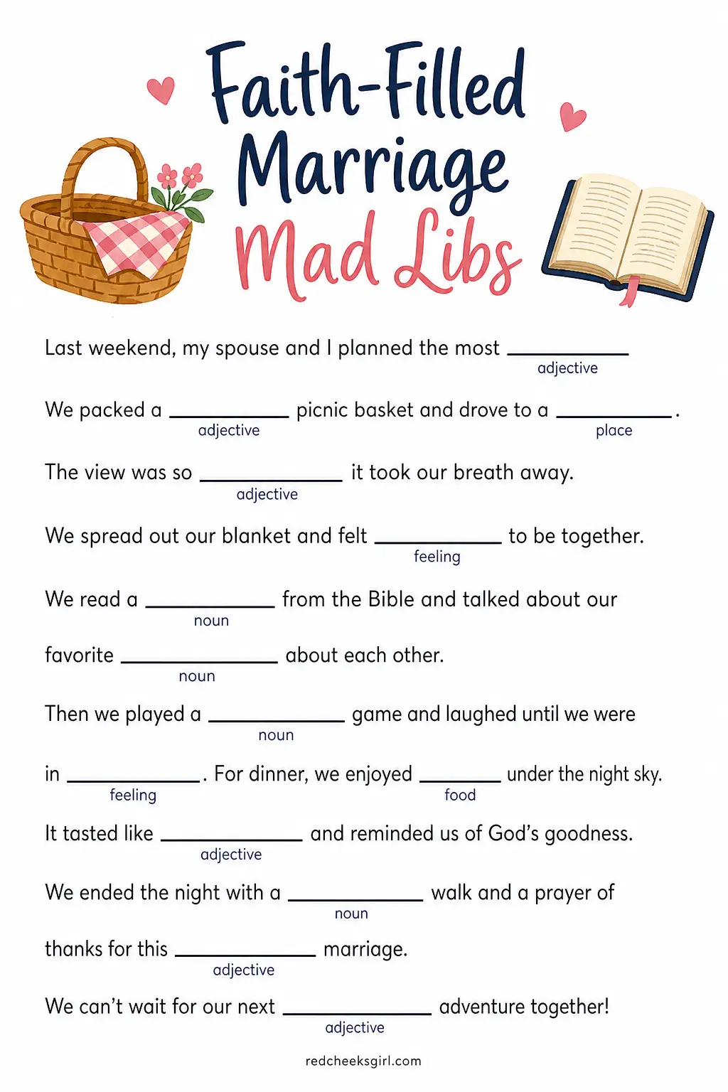 Faith-Filled Marriage Mad Libs printable sheet — One partner reads the blank prompts aloud without revealing the story, the other calls out a word for each