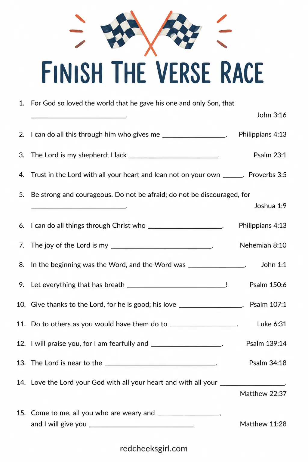 Finish the Verse Race printable sheet — Split into teams of couples. Couples games