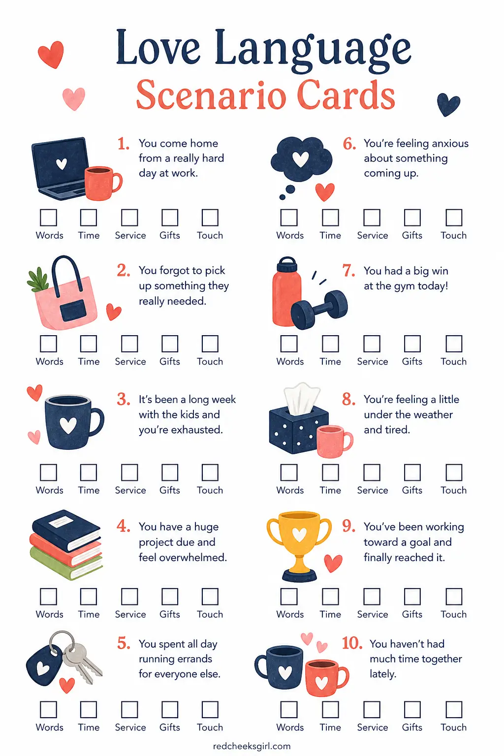 Love Language Scenario Cards printable sheet — Read a short everyday scenario off the sheet, such as your spouse had a hard day at work, then each partner