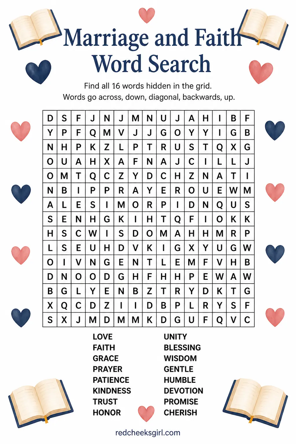 Marriage and Faith Word Search printable sheet — Find and circle each faith and marriage themed word hidden in the letter grid, reading in any direction