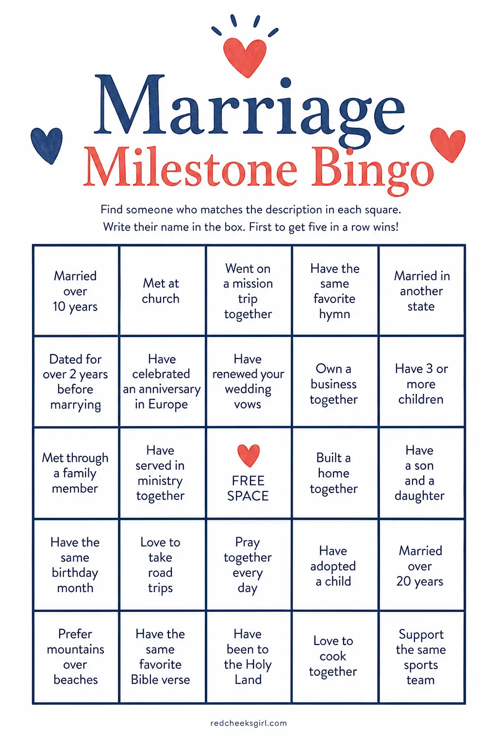 Marriage Milestone Bingo printable sheet — Each couple gets a bingo card filled with common marriage milestones and quirks, married more than ten years, met in