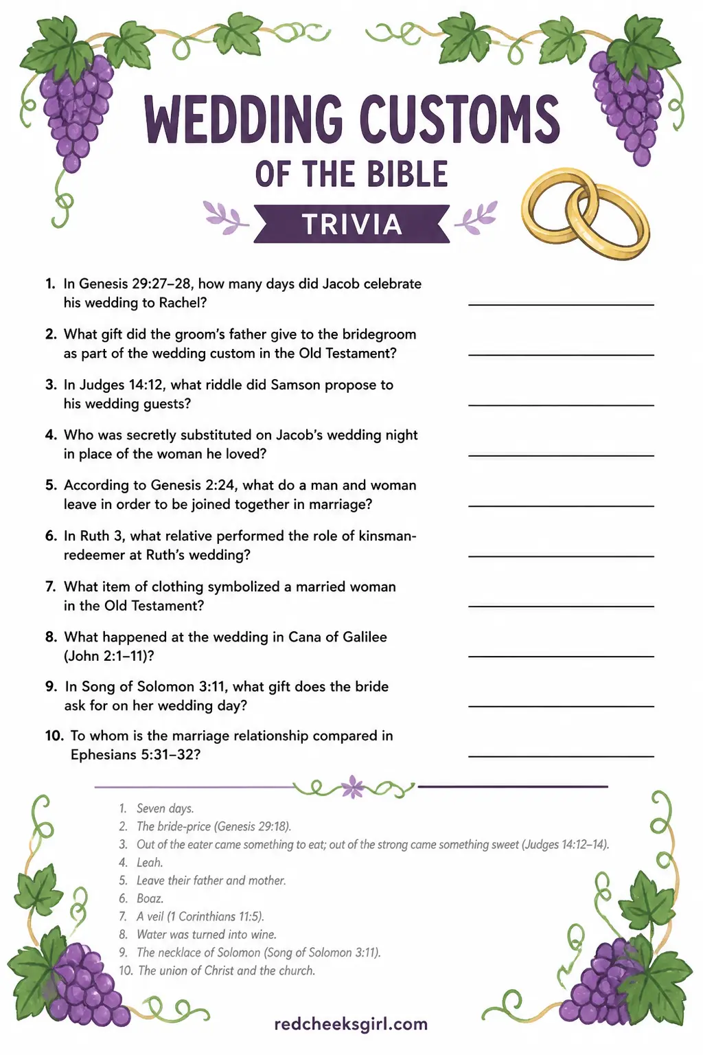 Wedding Customs of the Bible Trivia printable sheet — Read each question aloud about wedding customs described in scripture, the seven day feast, the veiled