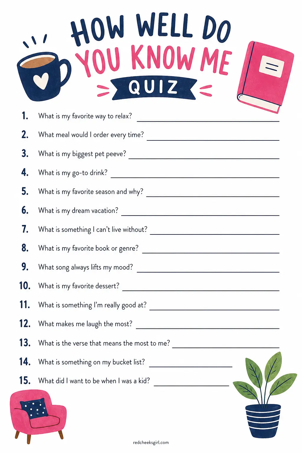 How Well Do You Know Me Quiz printable sheet — Each partner privately writes their own honest answers on one copy of the sheet, then swaps and tries to guess
