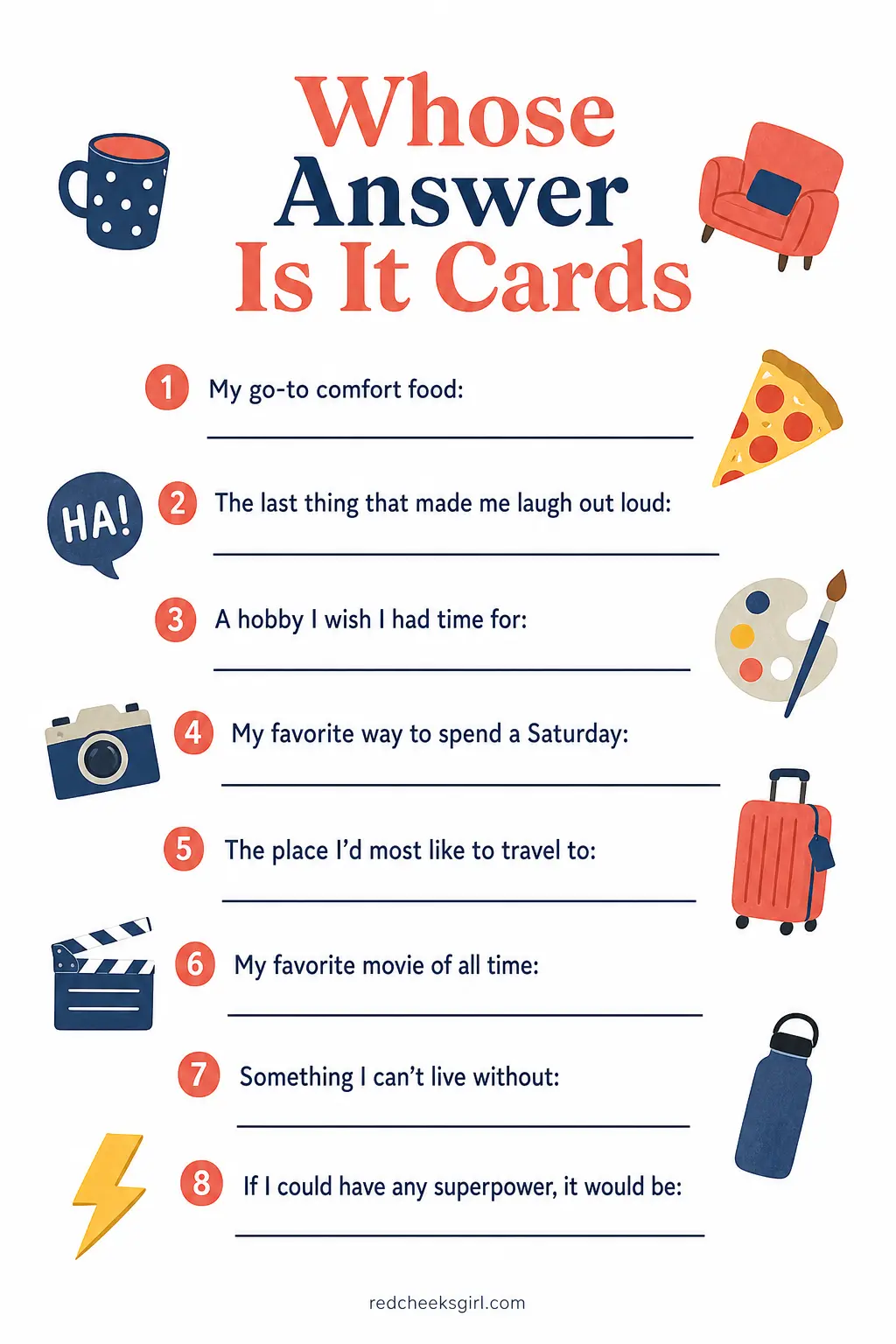 Whose Answer Is It Cards printable sheet — Before the gathering, each spouse privately fills out their own copy of the sheet with short answers about