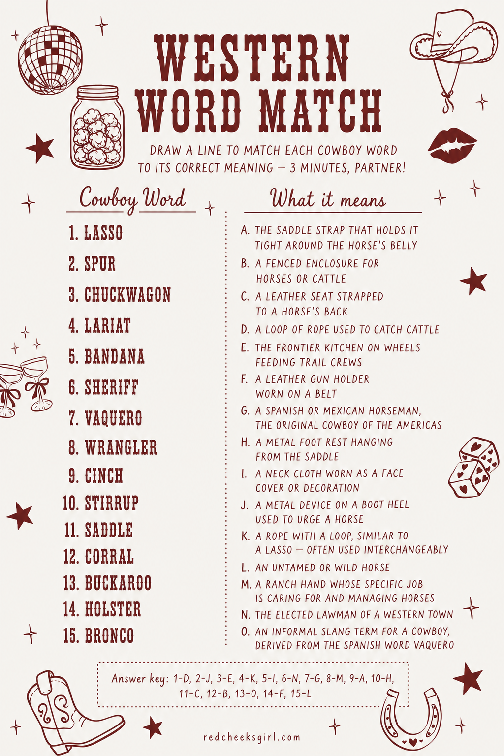 Western Word Match Sheet printable