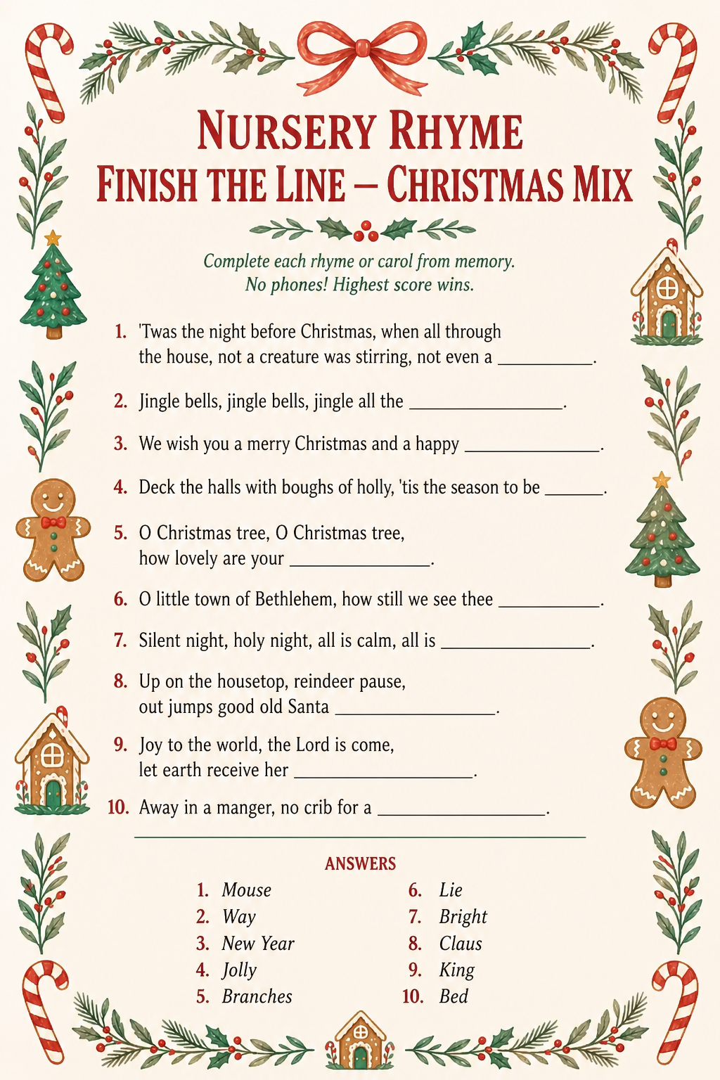 Nursery Rhyme Finish the Line — Christmas Mix printable