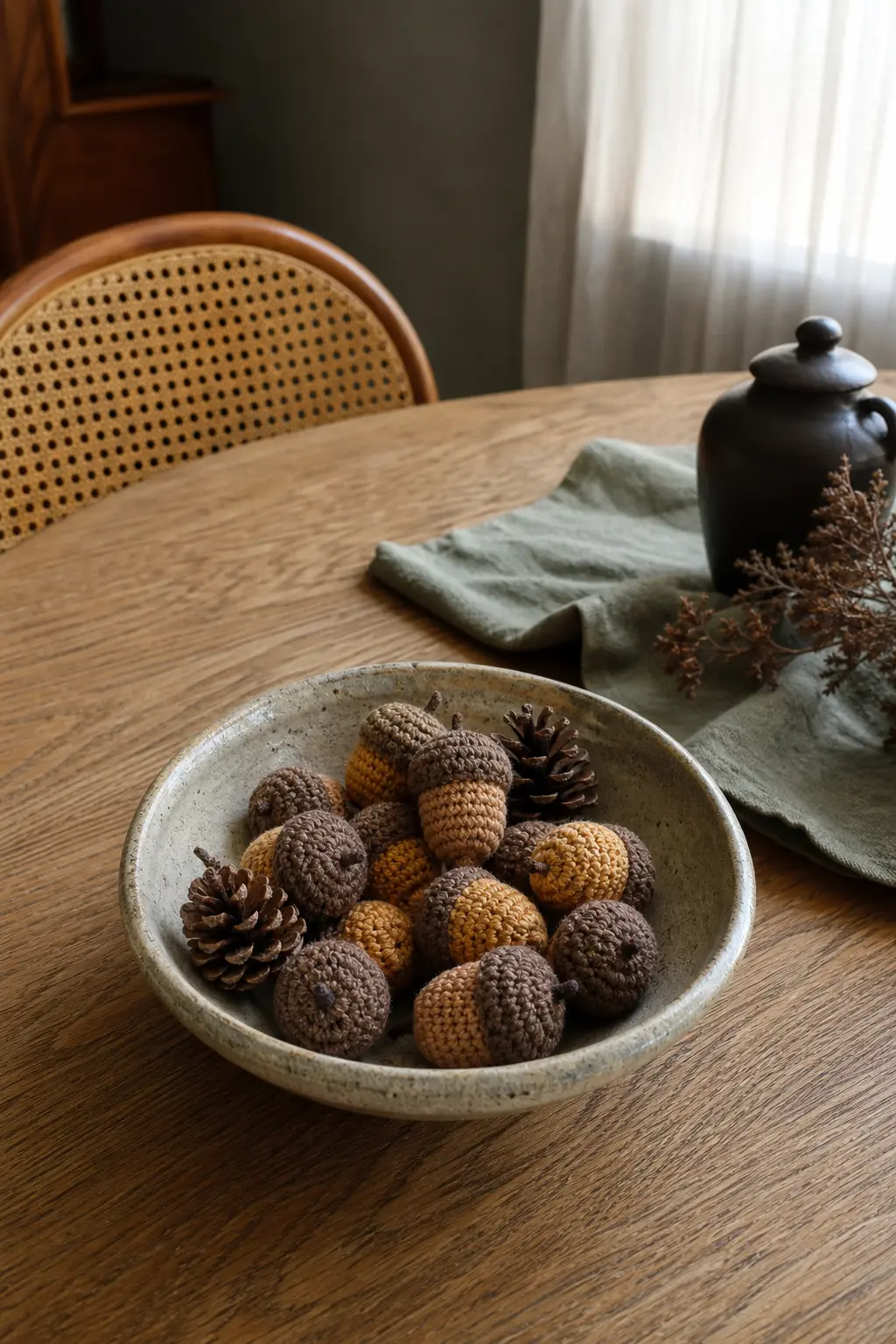 A Crochet Acorn Cluster in a Bowl
