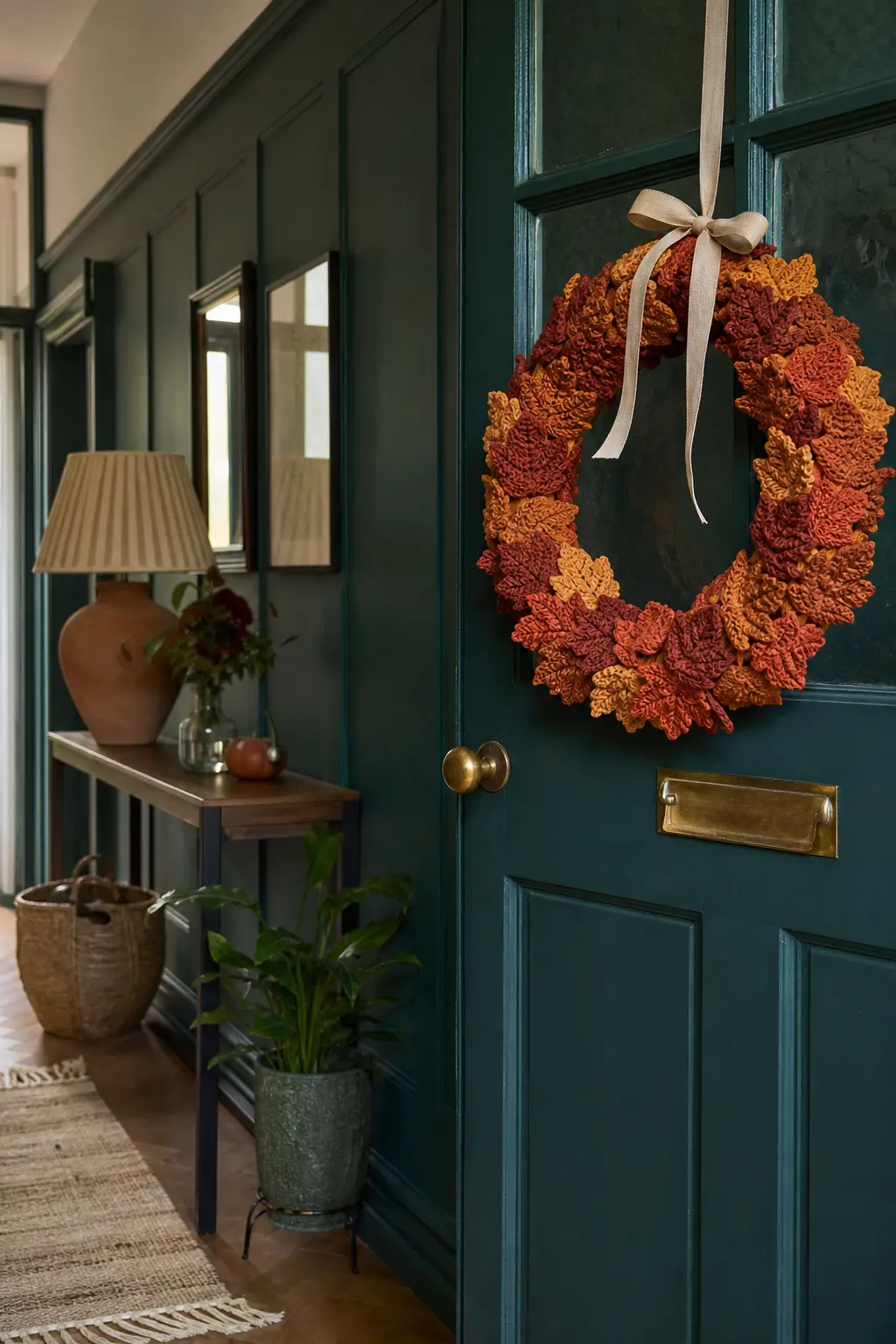 A Crochet Wreath Ring Covered in Leaves