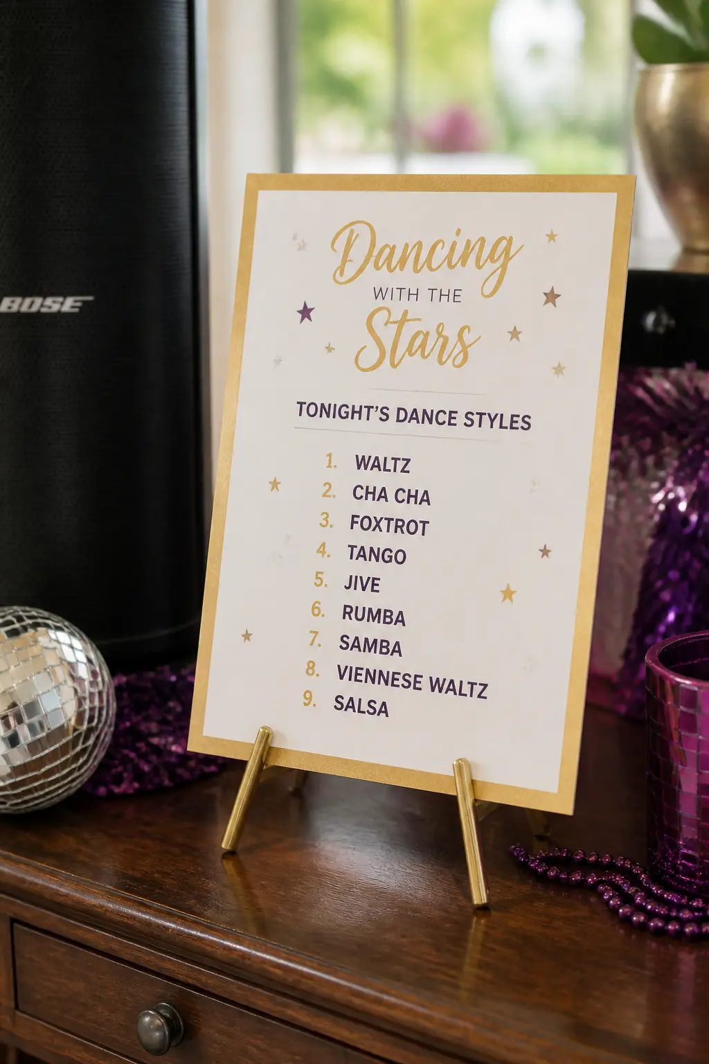 Ballroom Dance Style Playlist Cards — A printed card at the DJ station or speaker lists six to eight dance styles in order: Cha-Cha, Samba, Foxtrot, Paso