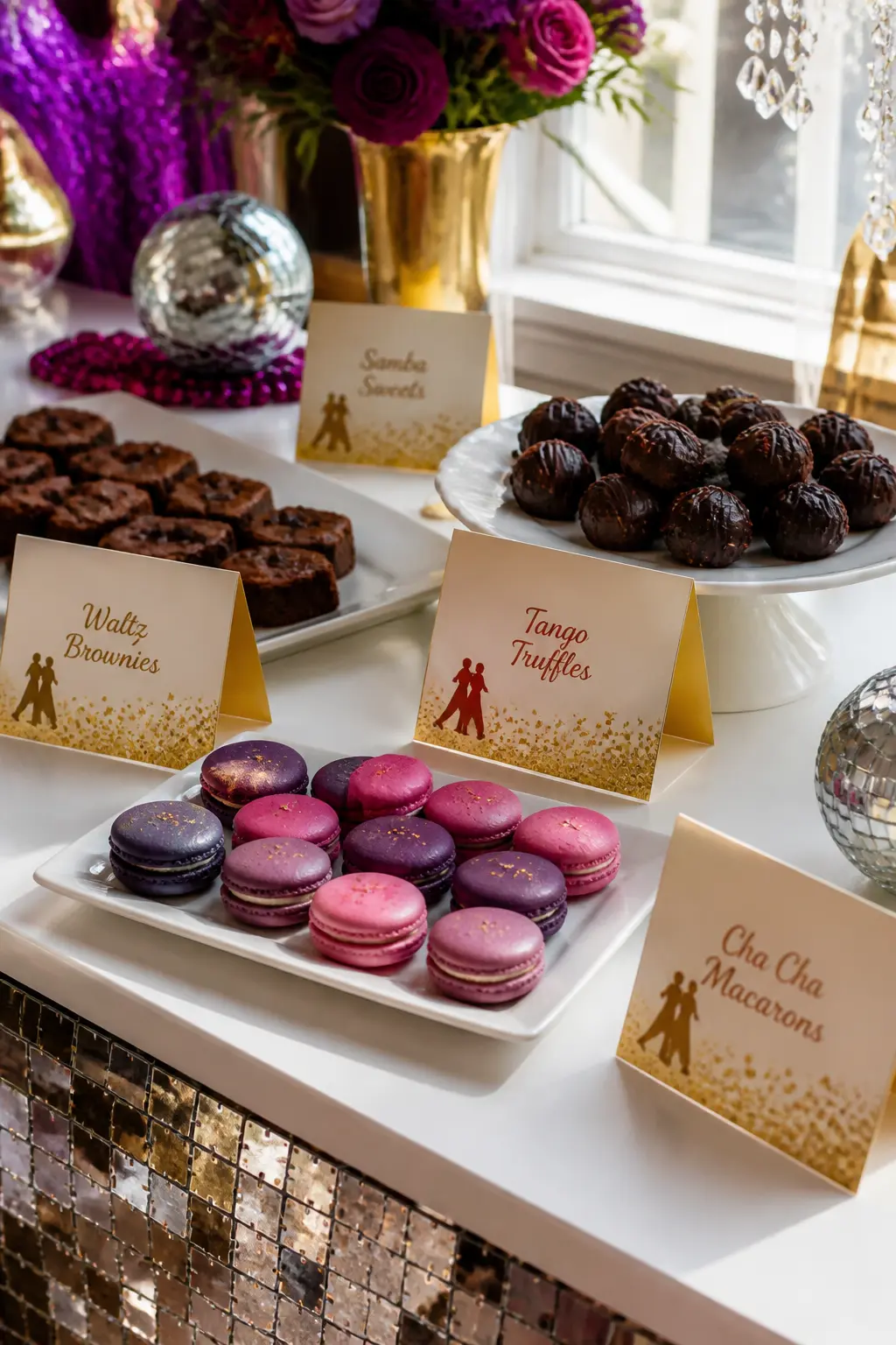 Ballroom-Named Dessert Labels — Every dessert on the table gets a small gold tent card with a ballroom-dance name. Dancing with the stars party
