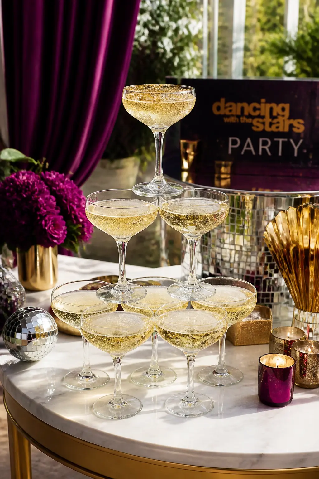 Champagne Tower With Edible Gold Glitter — A stacked pyramid of coupe glasses on the corner of the buffet table, poured at the start of the night, is a visual