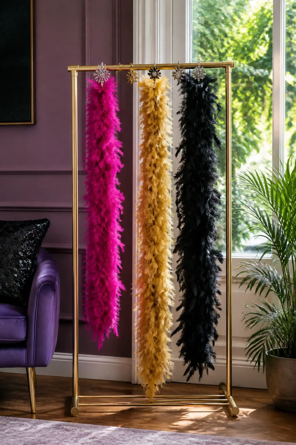 DIY Feather Boa Dress-Up Rail — A clothing rail or a standing coat rack holds six to eight feather boas in magenta, gold, black and white, plus a few clip-on