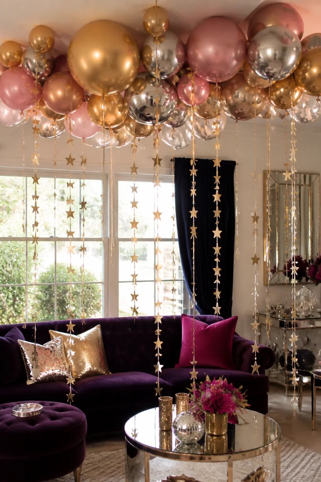 Floating Balloon Cloud With Gold Stars — A cluster of balloons in metallic gold, blush and silver, tied at different heights, hovers over the main seating