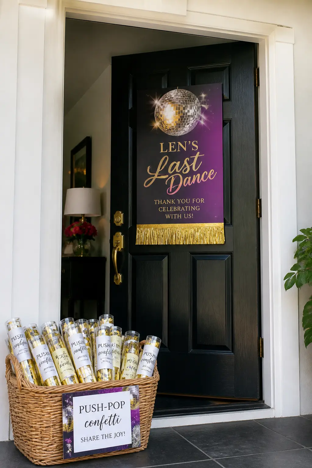 "Len's Last Dance" Send-Off Confetti Exit — As guests leave, each one picks up a small tube of gold and silver push-pop confetti from a basket by the door.