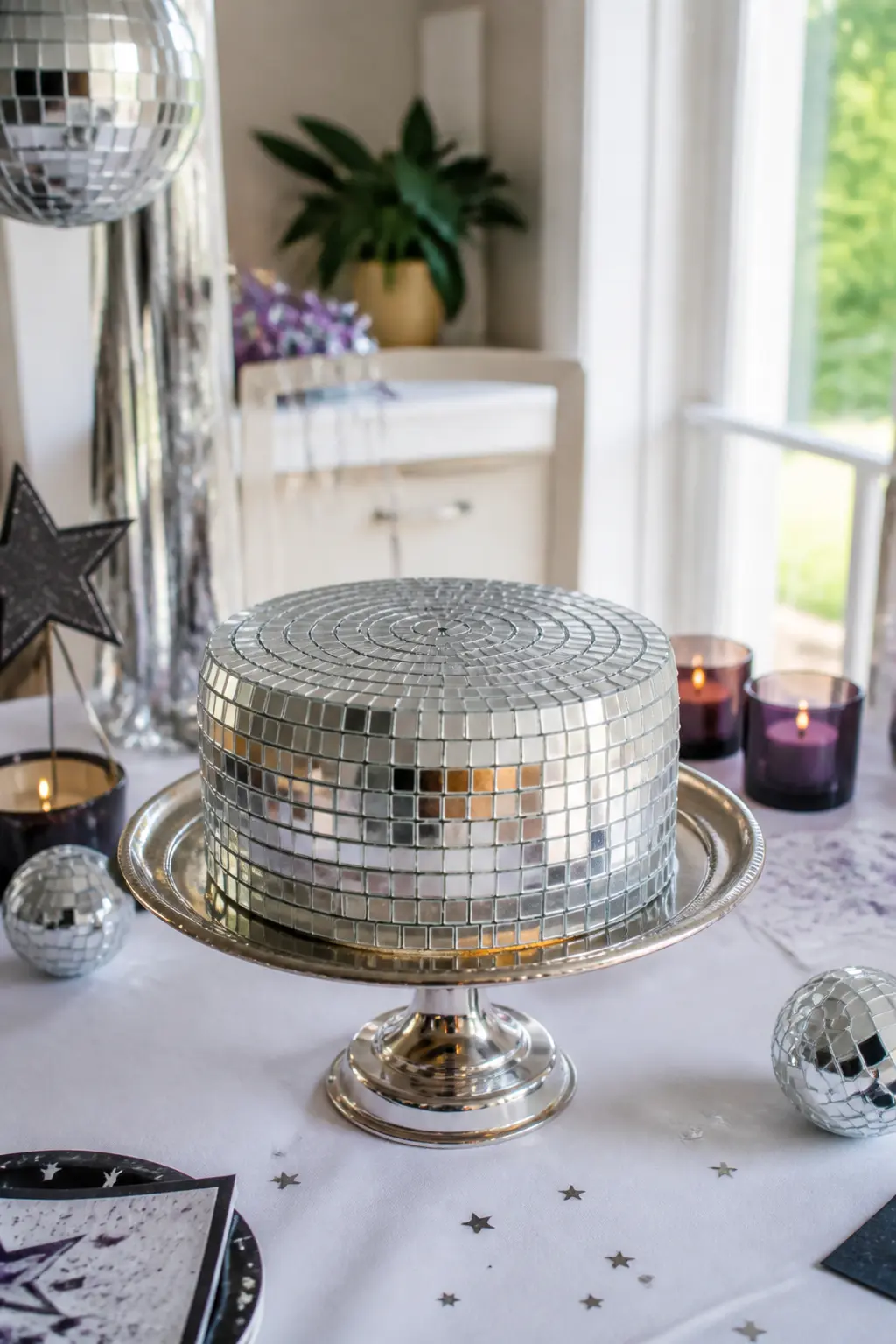 Mirror Ball Cake as the Table Centrepiece — A round cake covered in small silver fondant squares, each pressed on slightly offset from the last, reads