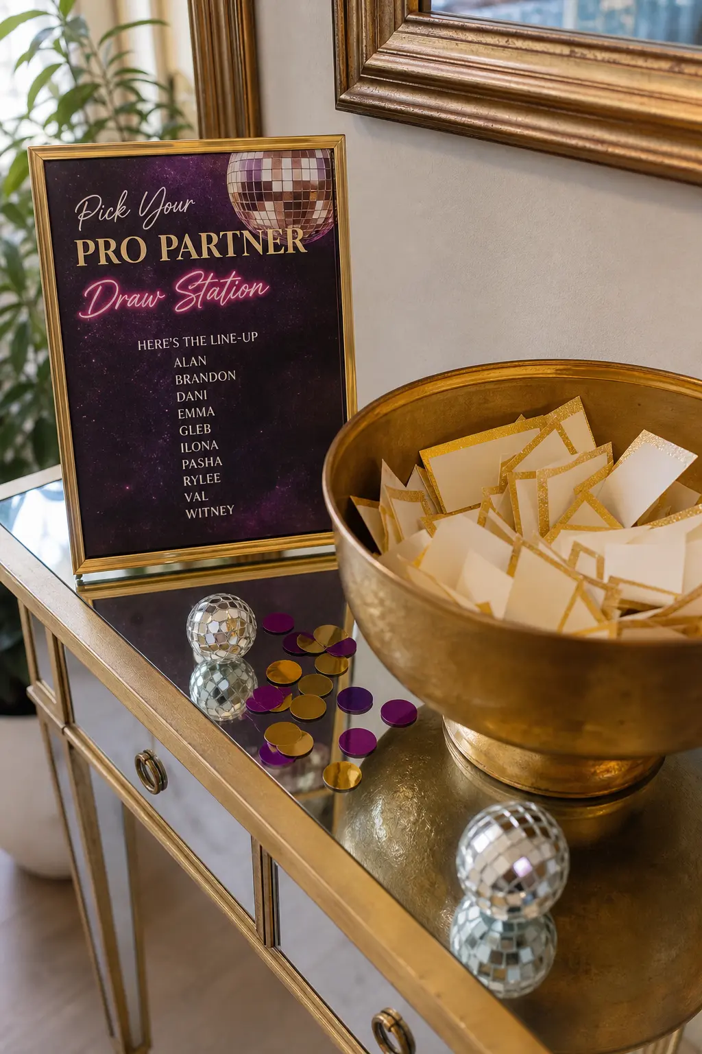 "Pick Your Pro Partner" Name Draw Station — A velvet bag or gold bowl holds folded slips of paper, each one printed with the name of a famous DWTS professional