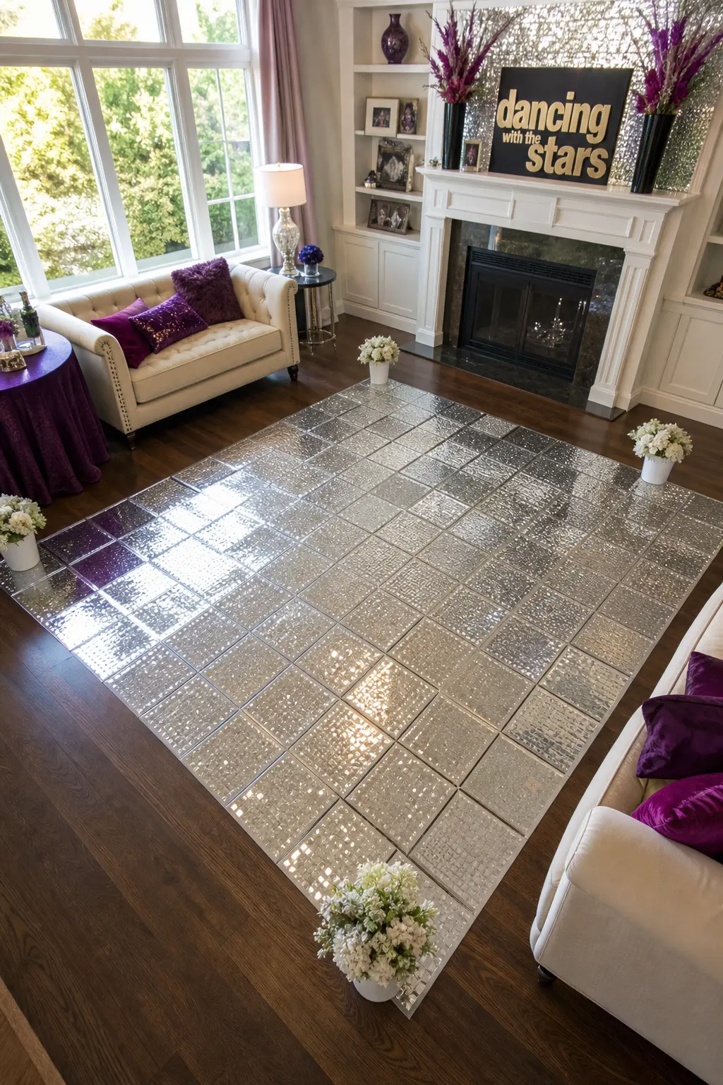 Sequined Dance Floor Decals — Removable floor decals in a grid of silver squares, each roughly 30cm, applied to a hardwood or laminate floor create a visual