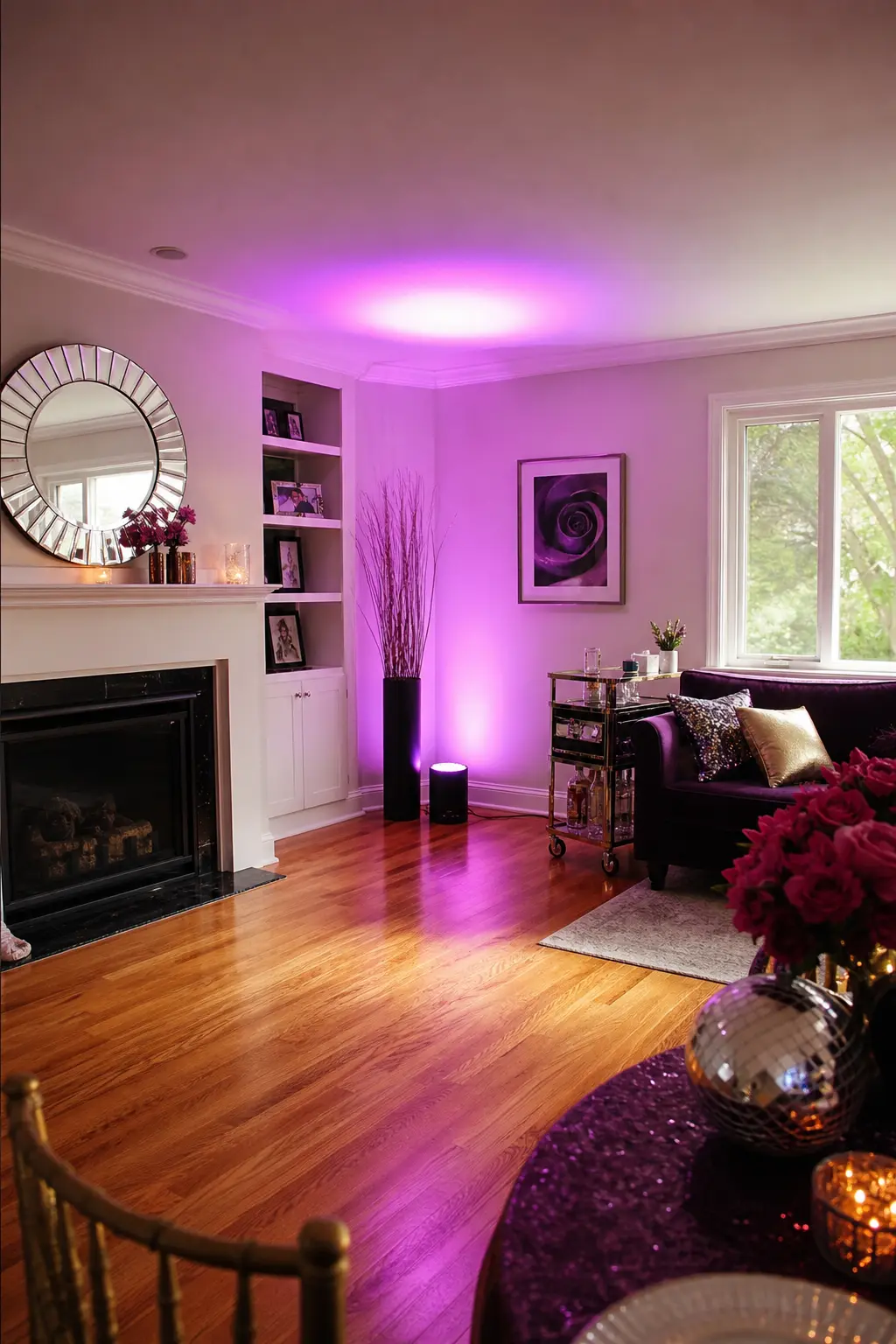 Spotlight Effect With a Single Rented Uplighter — One battery-powered or plug-in uplighter aimed at the ceiling above the dance area creates a pool of warm