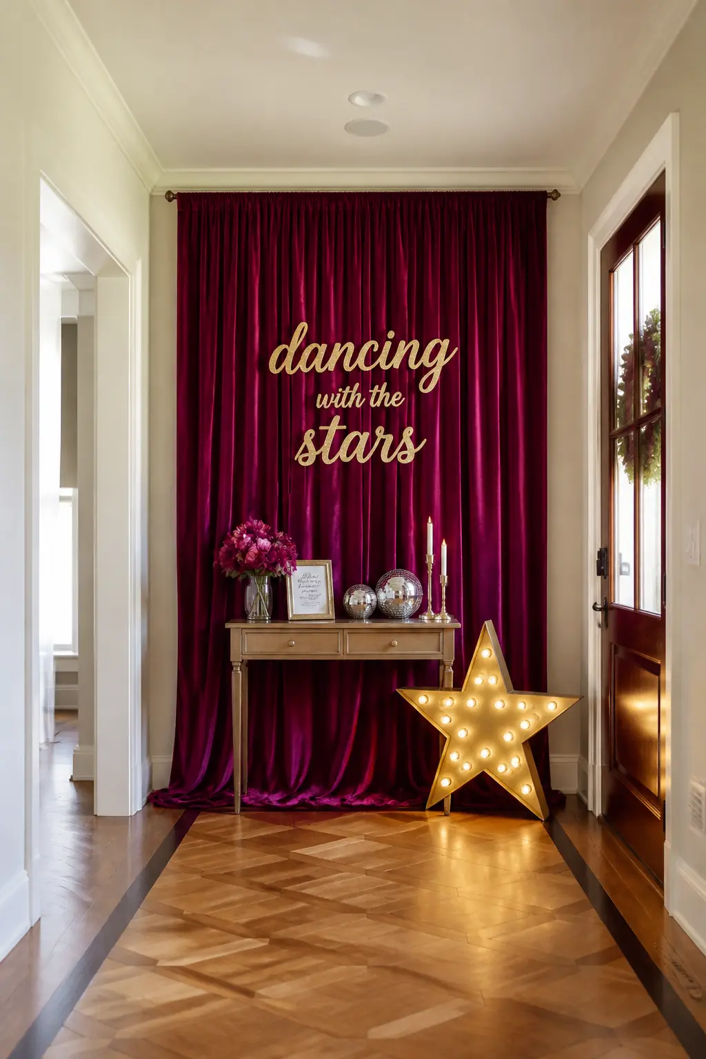 Velvet Curtain Backdrop With a Marquee Sign — A length of deep magenta or plum velvet hung as a curtain behind the entry table turns a foyer into a stage wing.