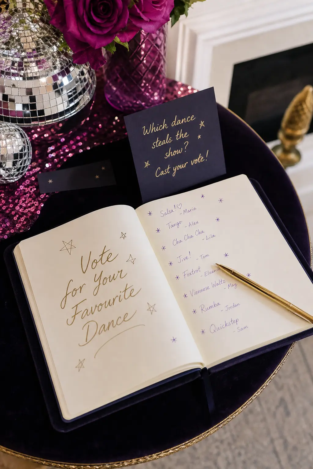 "Vote for Your Favourite Dance" Guest Book — A velvet-covered open journal sits on a side table with a gold pen beside it. Dancing with the stars party