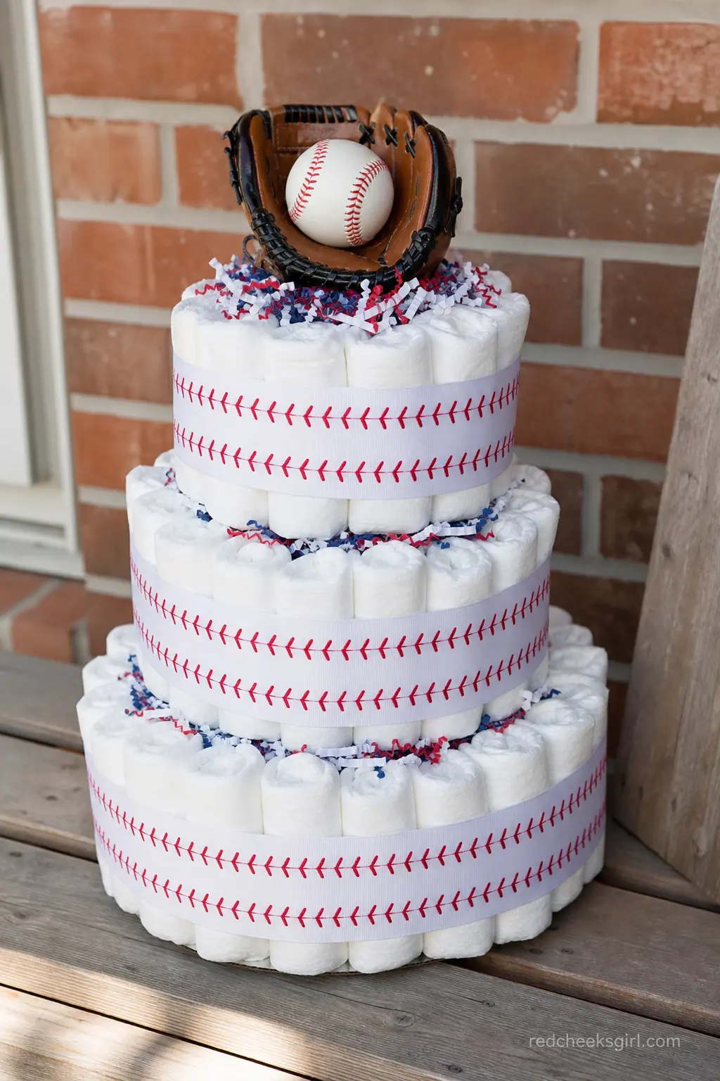 Baseball Diaper Cake — White ribbon with red stitching detail wraps the tiers, and a tiny baseball glove cradling a mini ball sits on top. Diaper cakes for