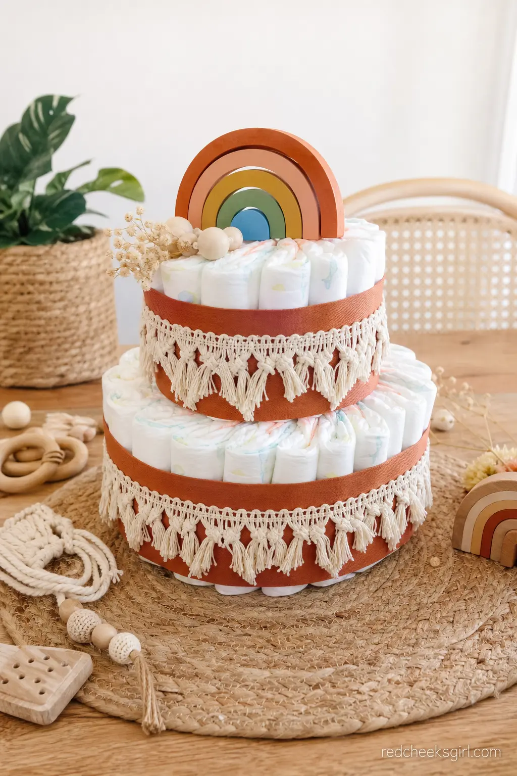 Boho Rainbow Diaper Cake — Terracotta ribbon wraps the base, a strip of macrame trim circles the middle tier, and a small wooden rainbow stacking toy sits on