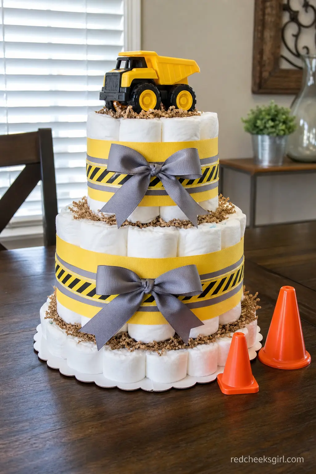 Construction Site Diaper Cake — Safety yellow and grey ribbon layered with a strip of caution tape print, a mini dump truck perched on top and a few orange