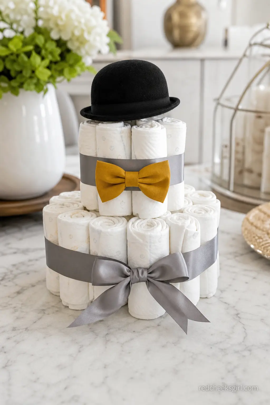 Little Gentleman Bow Tie Diaper Cake — Charcoal grey ribbon with a mustard yellow bow tie clipped to the front tier and a tiny bowler hat balanced on top.