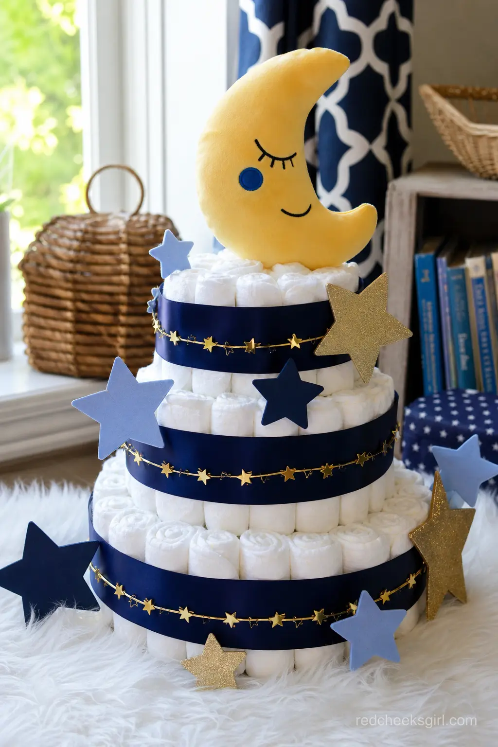 Moon and Stars Diaper Cake — Navy ribbon wraps the tiers, a thin gold star garland winds around the middle, and a soft plush crescent moon rests on top. Diaper