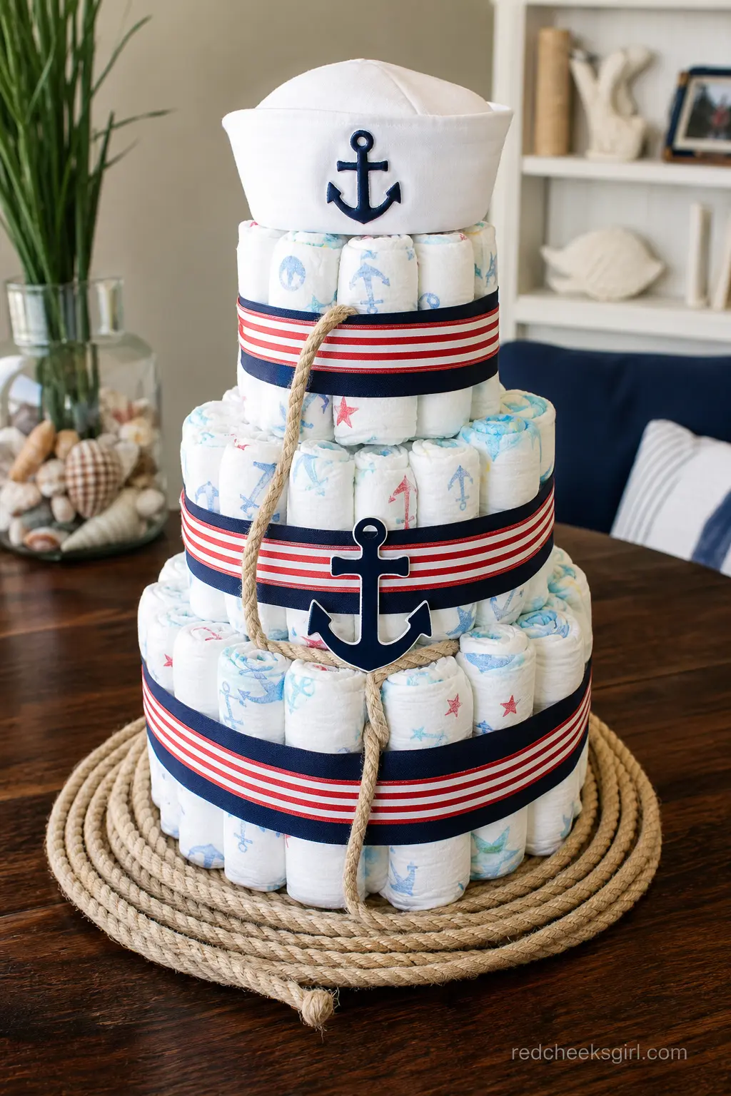 Nautical Sailor Diaper Cake — Navy and red striped ribbon wraps the tiers, a coil of cotton rope circles the base, and a tiny sailor hat sits on top instead of