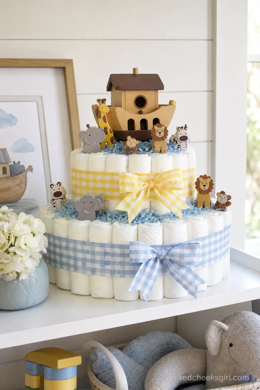 Noah's Ark Diaper Cake — Sky blue and butter yellow gingham ribbon wraps the tiers, and a small wooden ark toy with pairs of animal figures sits on top. Diaper