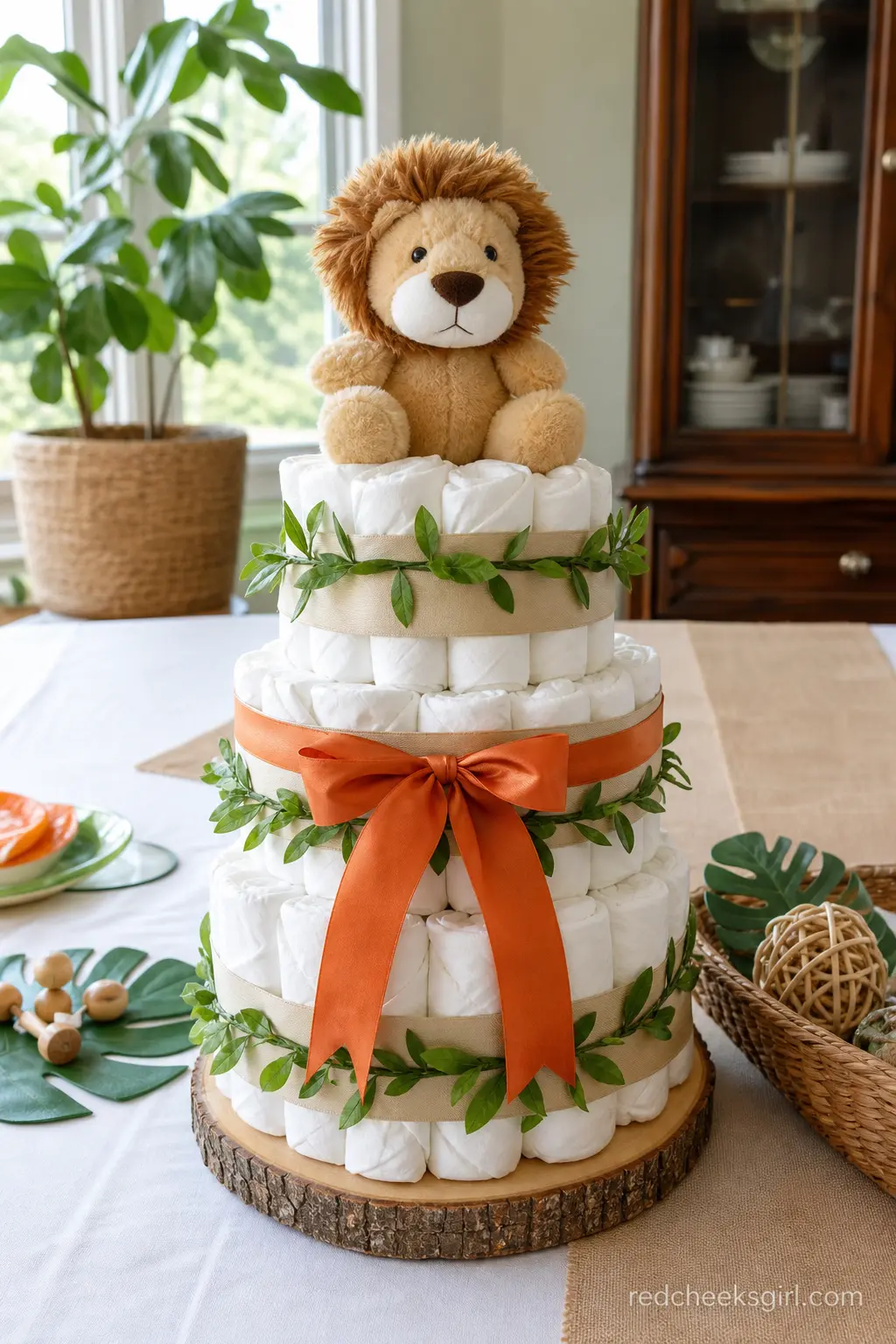 Safari Lion Diaper Cake — Khaki ribbon wraps the base, a garland of faux leaves circles the middle tier, and a small plush lion sits at the top like a king