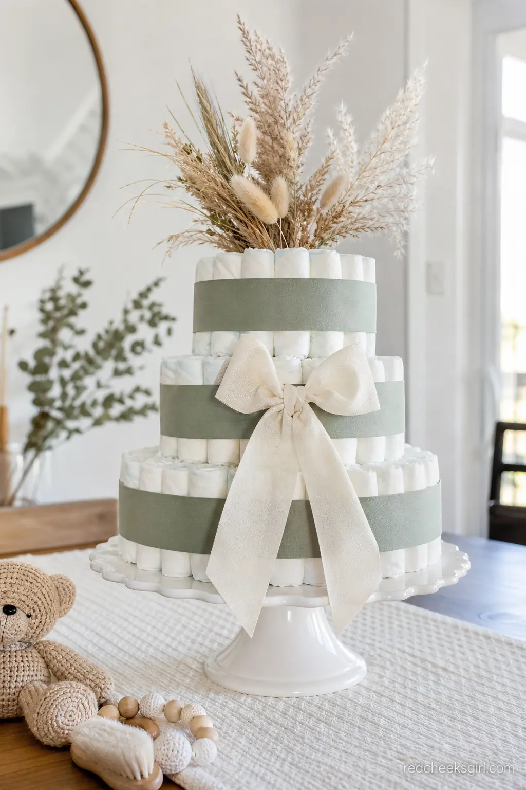 Sage and Cream Minimalist Diaper Cake — Soft sage ribbon wraps every tier with a single cream cotton bow, and a few dried pampas grass stems lean out from the