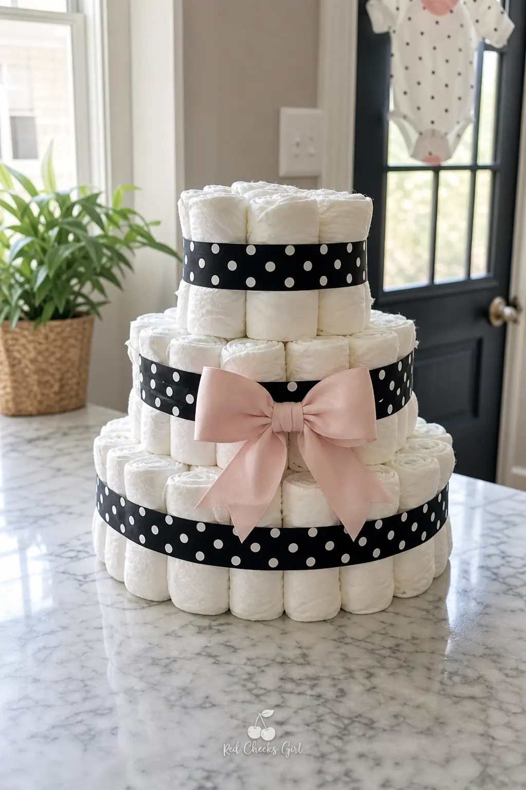 Black and White Polka Dot Diaper Cake — White diapers wrapped in black and white polka dot ribbon, with a single blush pink bow at the top as the only spot of