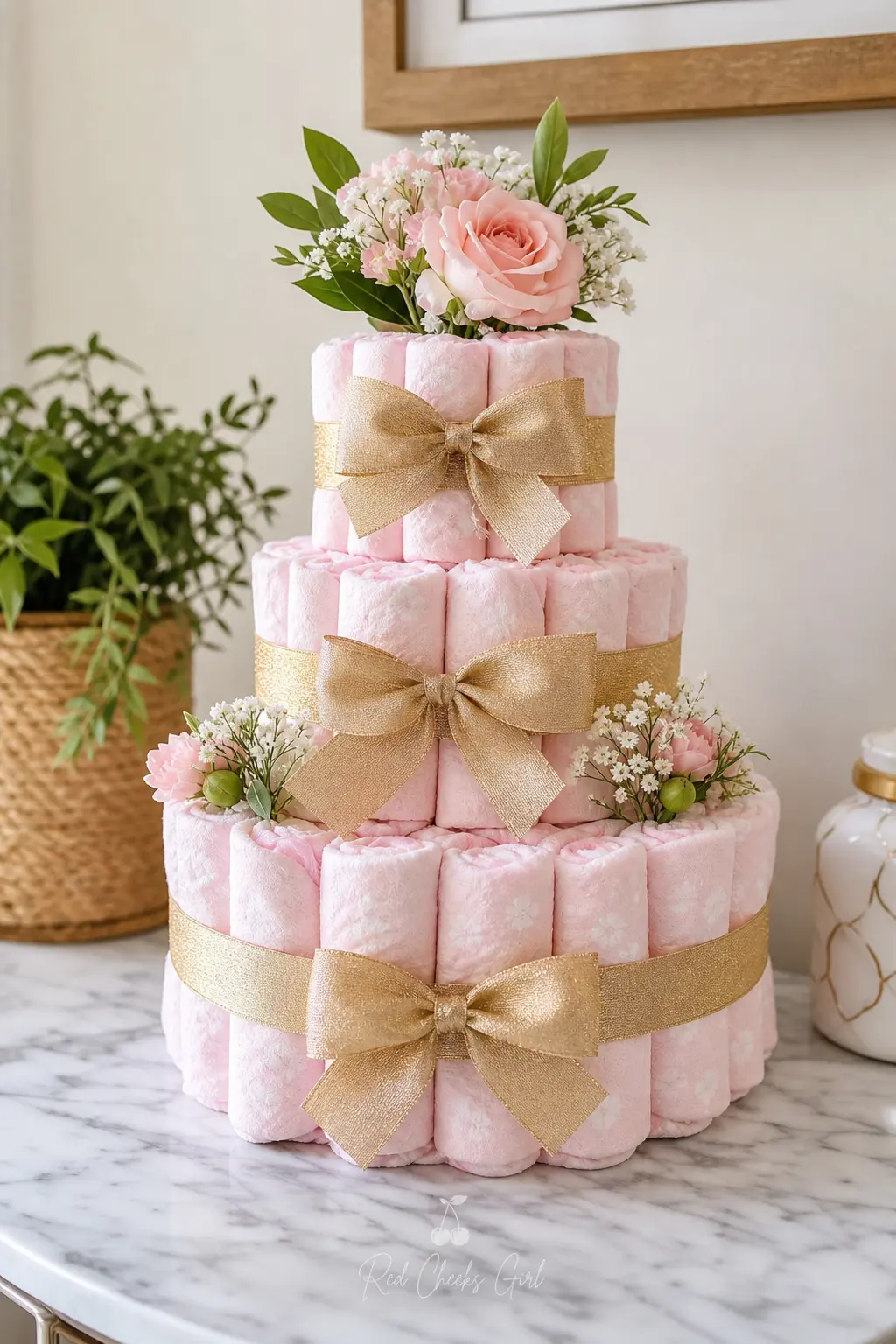 Blush and Gold Three-Tier Diaper Cake — Rolled blush pink diapers stack into three tiers, wrapped in gold ribbon with a small gold bow at each seam. Diaper