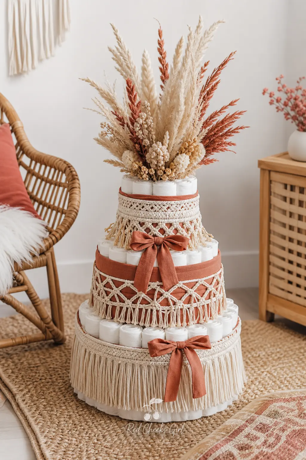 Boho Diaper Cake — Terracotta and rust diapers alternate by tier, wrapped in a woven macrame style trim instead of satin ribbon, with a small bundle of dried