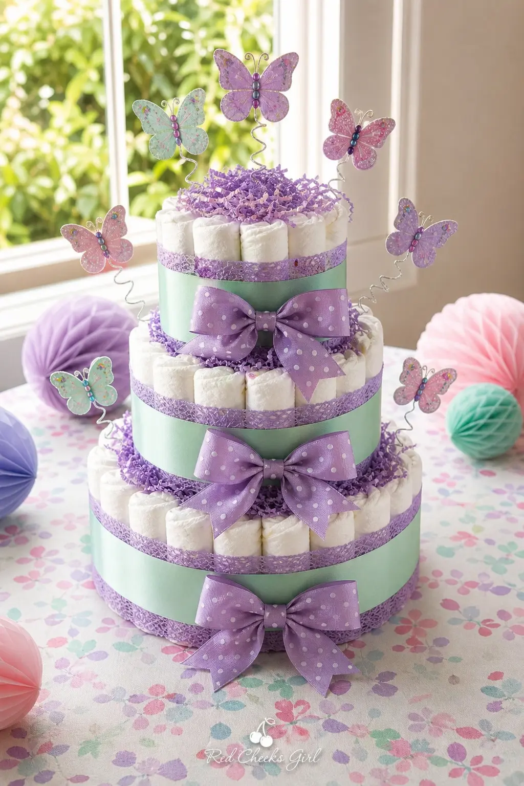 Butterfly Garden Diaper Cake — Lilac diapers wrapped in mint ribbon, with a handful of wire butterfly picks angled out at different heights instead of sitting