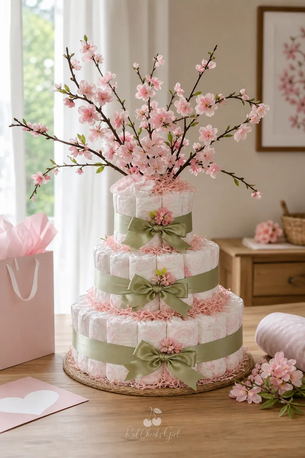 Cherry Blossom Diaper Cake — Soft pink diapers wrapped in sage green ribbon, with a few artificial cherry blossom branches arcing up out of the top tier